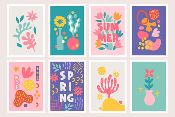 Set of greeting cards with leaves, flowers, abstract shapes, vase