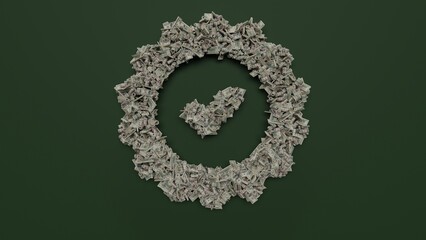 3d rendering of dollar cash rolls and stacks in shape of symbol of check on green background