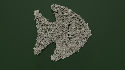 3d rendering of dollar cash rolls and stacks in shape of symbol of fish on green background