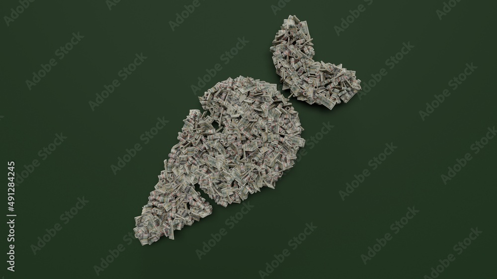 Poster 3d rendering of dollar cash rolls and stacks in shape of symbol of carrot on green background