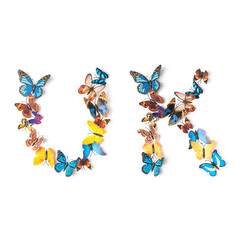the name of the country Ukraine is written in letters from colored paper butterflies abbreviated,...