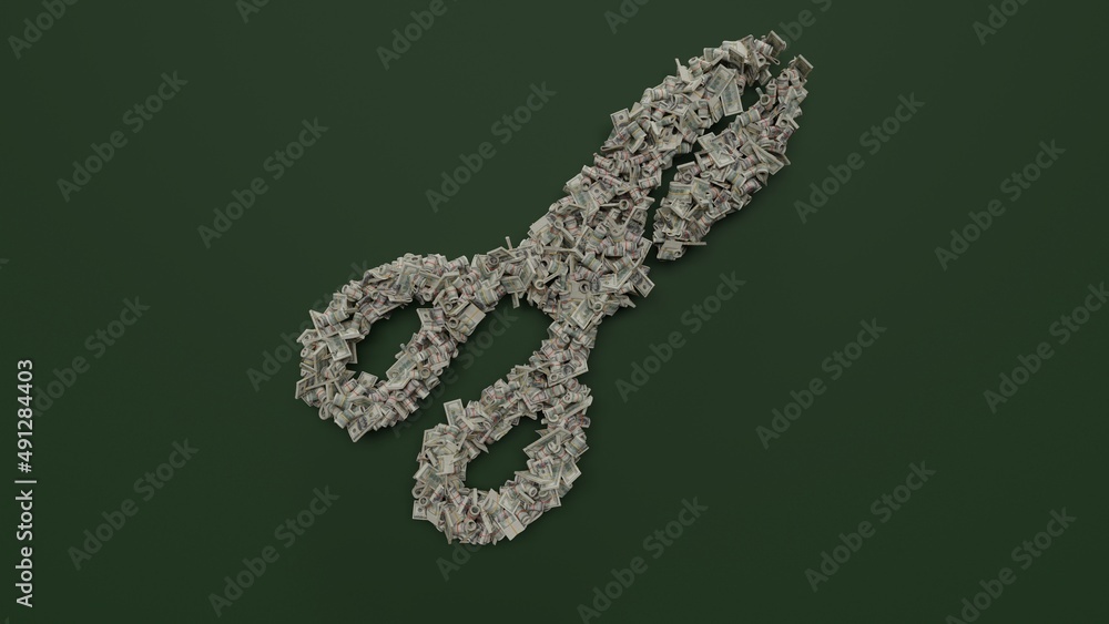 Aufkleber 3d rendering of dollar cash rolls and stacks in shape of symbol of scissors on green background