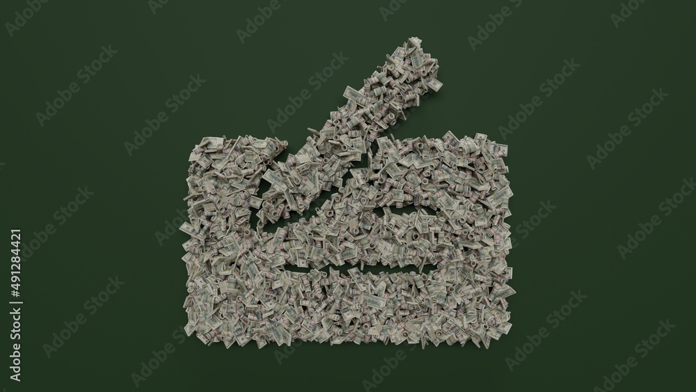 Poster 3d rendering of dollar cash rolls and stacks in shape of symbol of cheque on green background