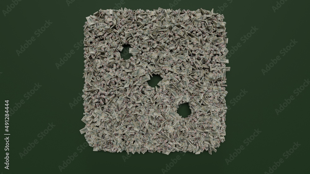 Poster 3d rendering of dollar cash rolls and stacks in shape of symbol of dice three on green background
