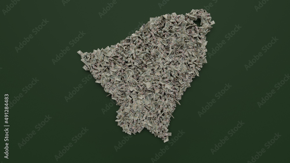 Poster 3d rendering of dollar cash rolls and stacks in shape of symbol of bell on green background