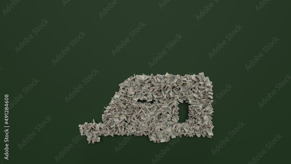 Poster 3d rendering of dollar cash rolls and stacks in shape of symbol of caravan on green background