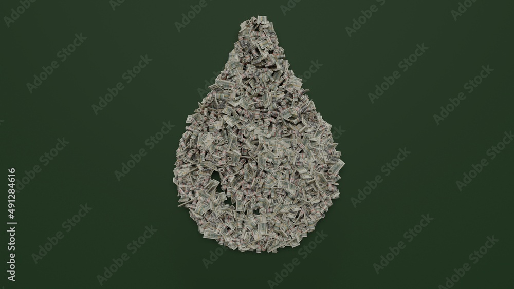 Poster 3d rendering of dollar cash rolls and stacks in shape of symbol of tint on green background