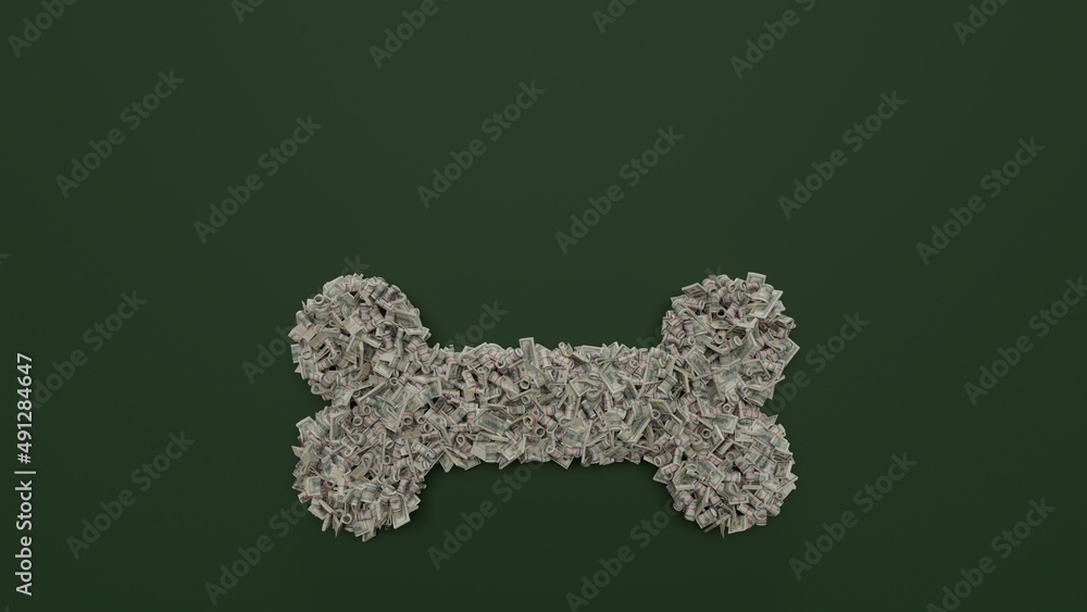 Poster 3d rendering of dollar cash rolls and stacks in shape of symbol of bone on green background