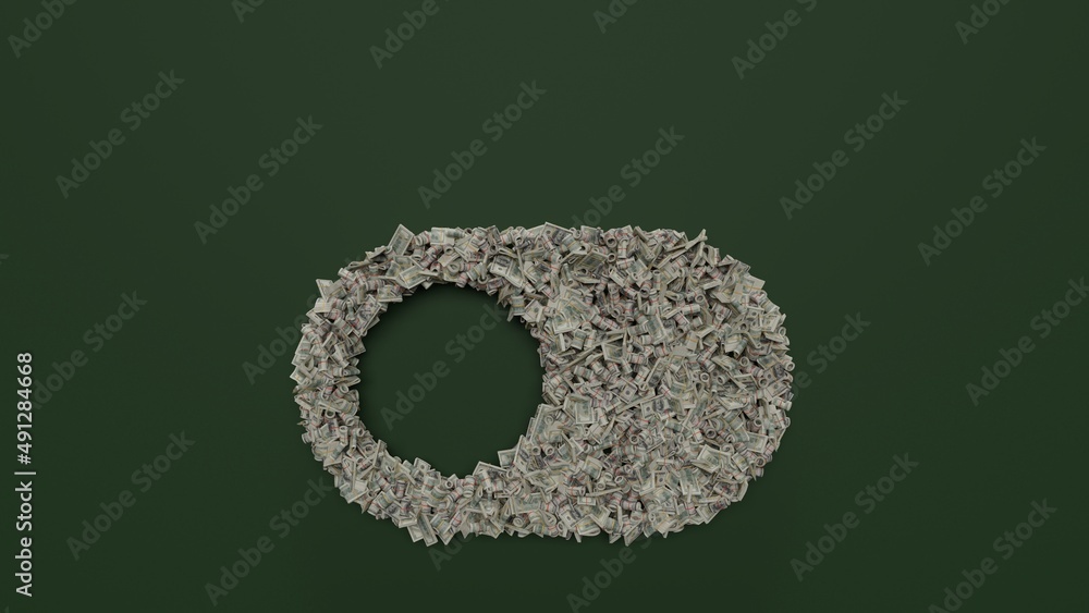 Poster 3d rendering of dollar cash rolls and stacks in shape of symbol of switch on green background