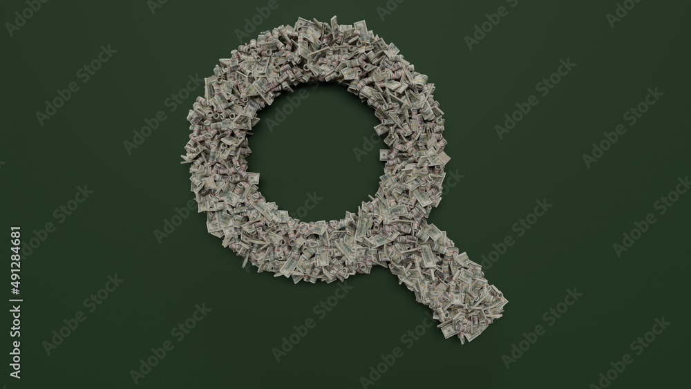 Poster 3d rendering of dollar cash rolls and stacks in shape of symbol of search on green background