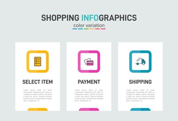 Concept of shopping process with 3 successive steps. Three colorful graphic elements. Timeline design for brochure, presentation, web site. Infographic design layout.