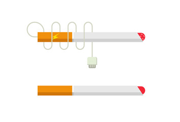 Cigarette flat vector isolated and e cigaret vape abstract icon closeup cartoon illustration, eclectic ecig and paper cig on white background graphic modern