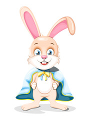 Cute cartoon bunny in a raincoat and with a bow in the colors of the flag of Ukraine