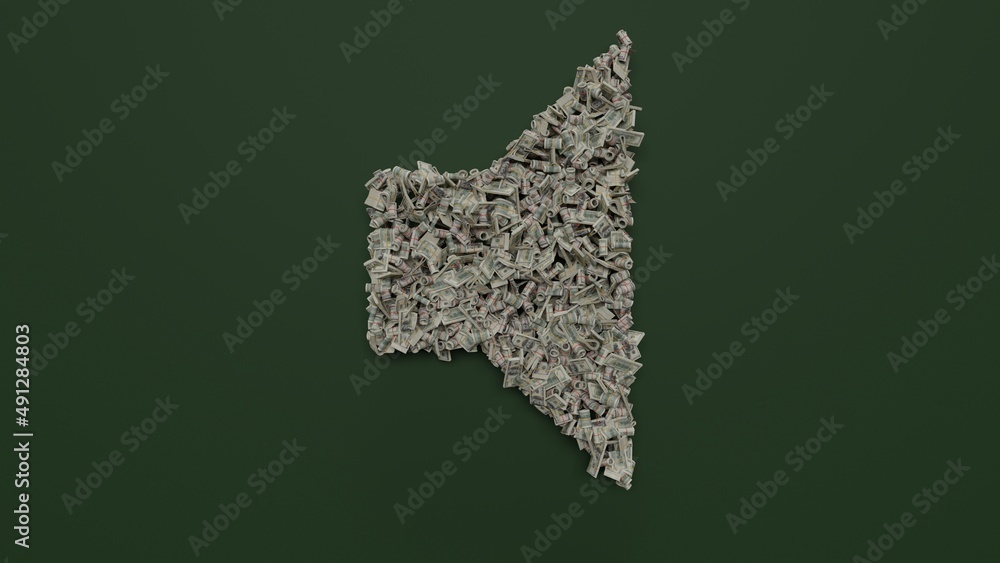 Poster 3d rendering of dollar cash rolls and stacks in shape of symbol of sound on green background