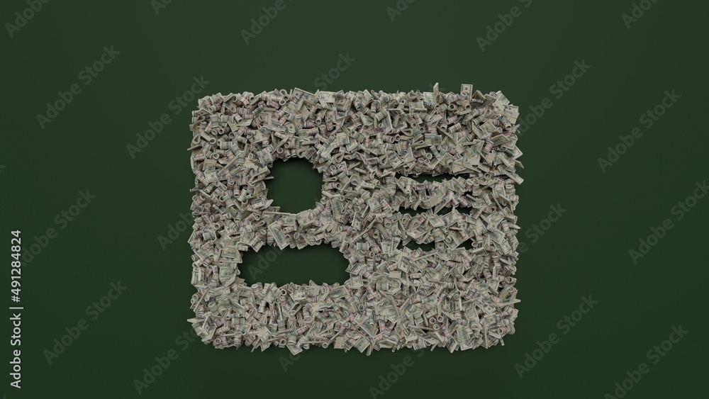 Poster 3d rendering of dollar cash rolls and stacks in shape of symbol of address card on green background