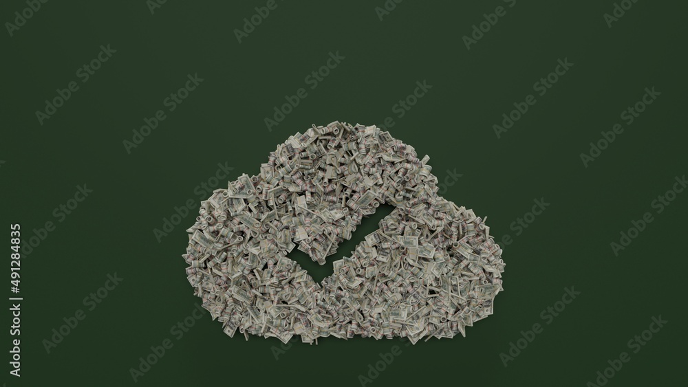 Poster 3d rendering of dollar cash rolls and stacks in shape of symbol of check on green background