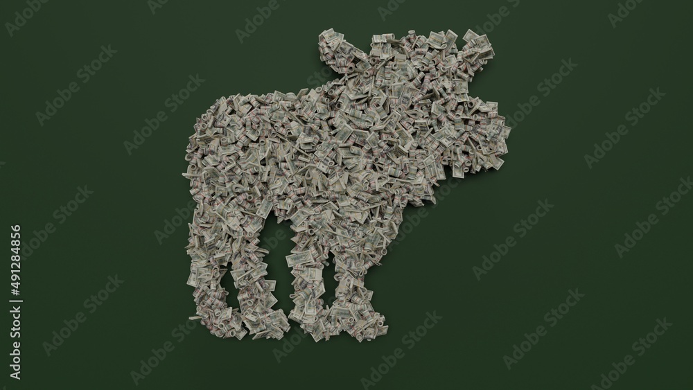 Poster 3d rendering of dollar cash rolls and stacks in shape of symbol of moose on green background
