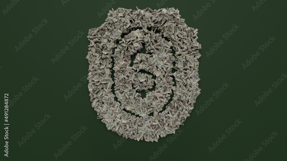 Poster 3d rendering of dollar cash rolls and stacks in shape of symbol of shield on green background