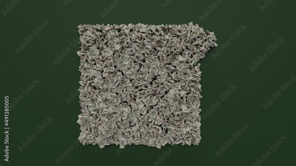 Poster 3d rendering of dollar cash rolls and stacks in shape of symbol of checked on green background
