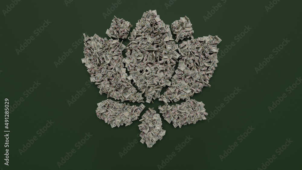 Poster 3d rendering of dollar cash rolls and stacks in shape of symbol of lotus on green background