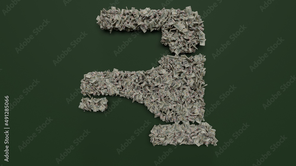 Poster 3d rendering of dollar cash rolls and stacks in shape of symbol of tap on green background