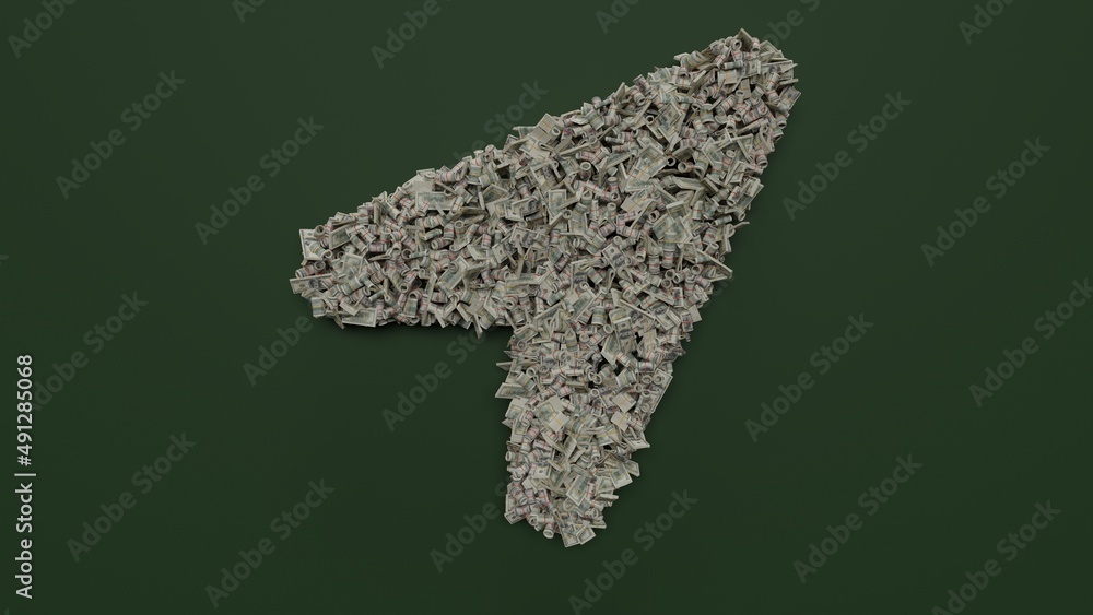 Poster 3d rendering of dollar cash rolls and stacks in shape of symbol of location arrow on green backgroun