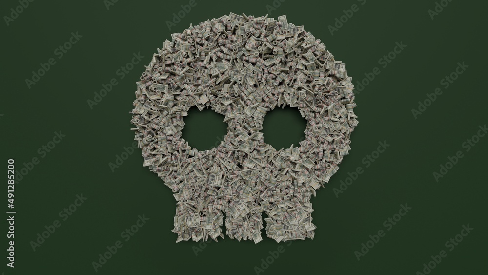 Poster 3d rendering of dollar cash rolls and stacks in shape of symbol of skull on green background