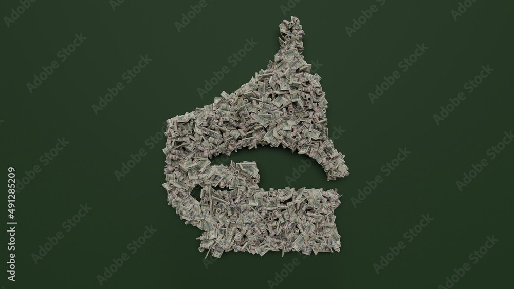 Poster 3d rendering of dollar cash rolls and stacks in shape of symbol of vintage gramophone on green backg