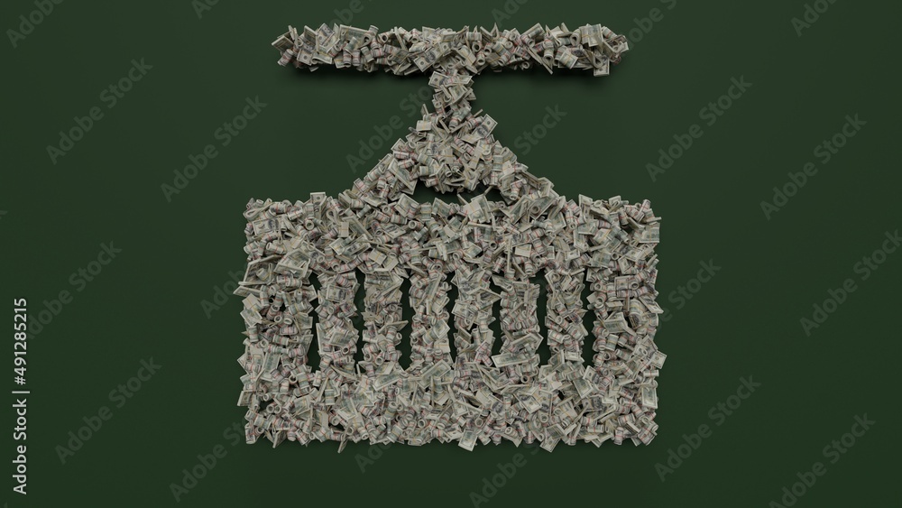 Poster 3d rendering of dollar cash rolls and stacks in shape of symbol of container on green background