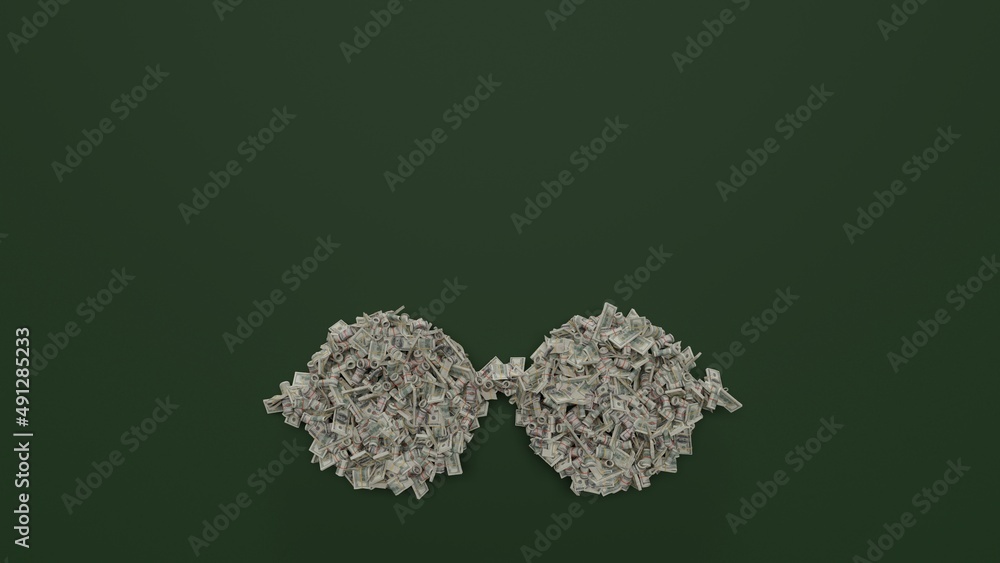 Poster 3d rendering of dollar cash rolls and stacks in shape of symbol of round glasses on green background