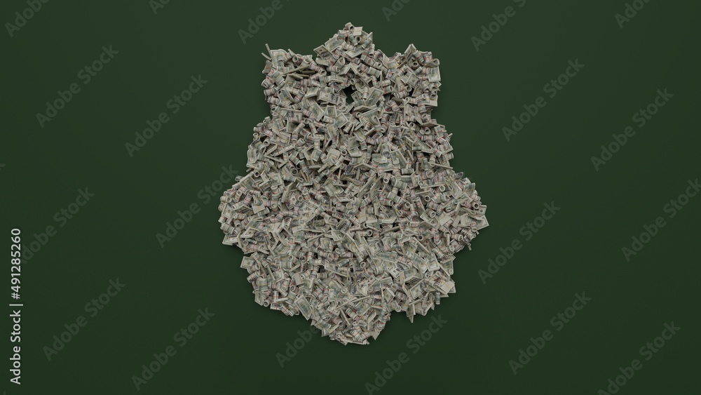 Poster 3d rendering of dollar cash rolls and stacks in shape of symbol of raspberry on green background