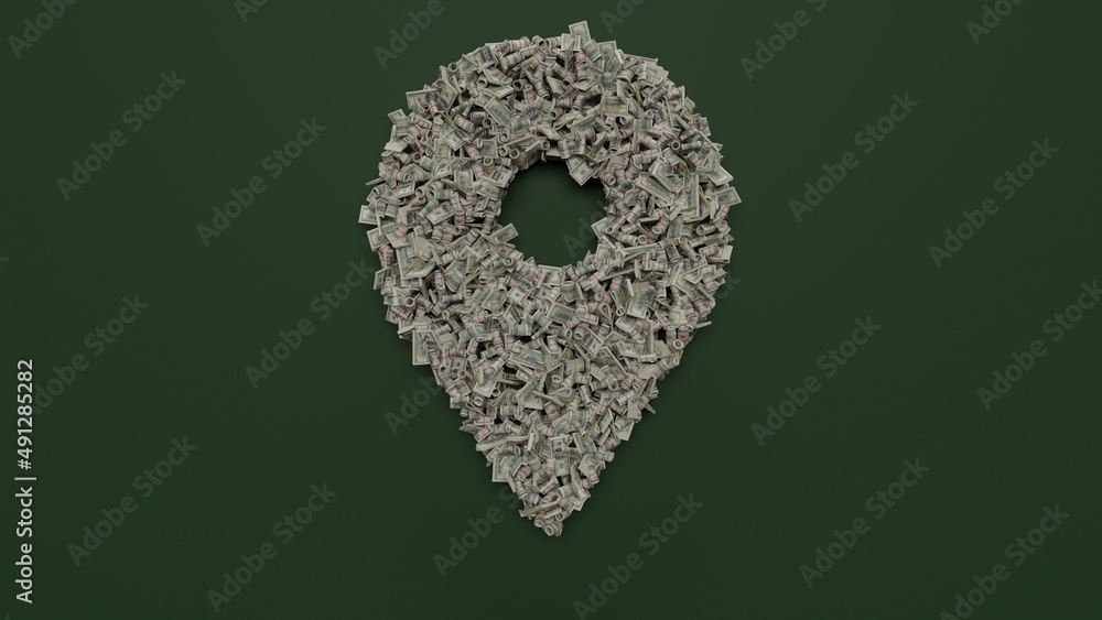 Poster 3d rendering of dollar cash rolls and stacks in shape of symbol of placeholder on green background