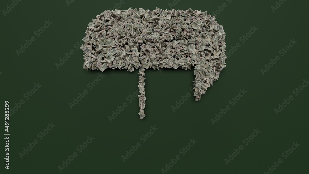 Poster 3d rendering of dollar cash rolls and stacks in shape of symbol of music player on green background