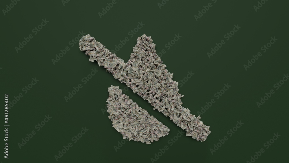 Aufkleber 3d rendering of dollar cash rolls and stacks in shape of symbol of tint slash on green background