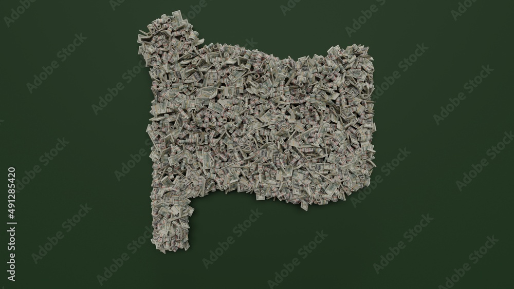Poster 3d rendering of dollar cash rolls and stacks in shape of symbol of flag on green background