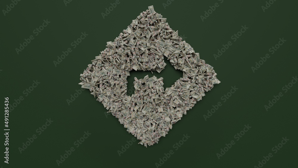 Poster 3d rendering of dollar cash rolls and stacks in shape of symbol of directions on green background