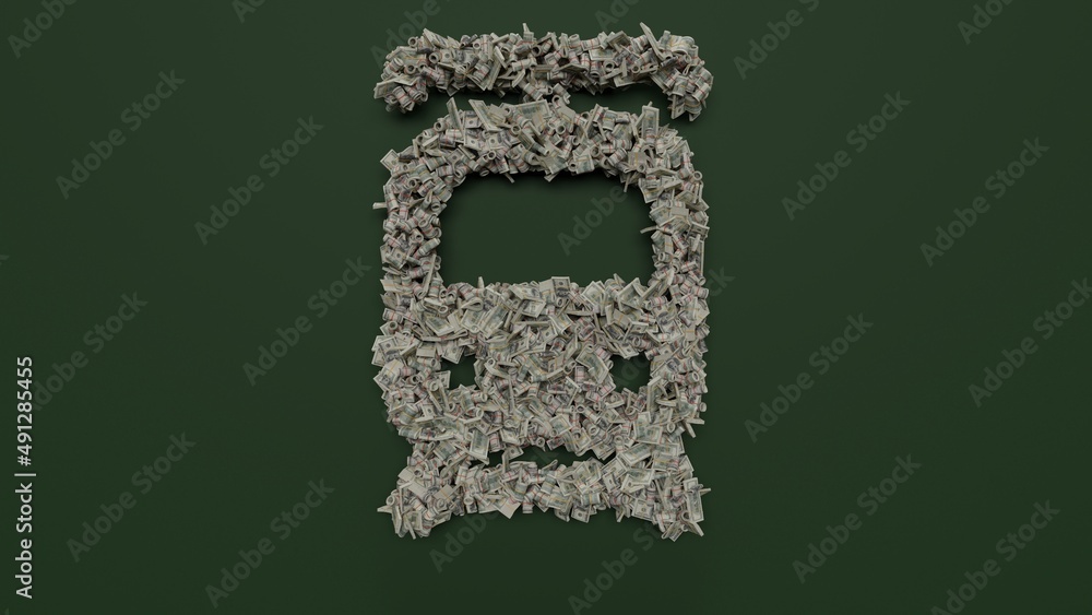 Poster 3d rendering of dollar cash rolls and stacks in shape of symbol of tram front view on green backgrou