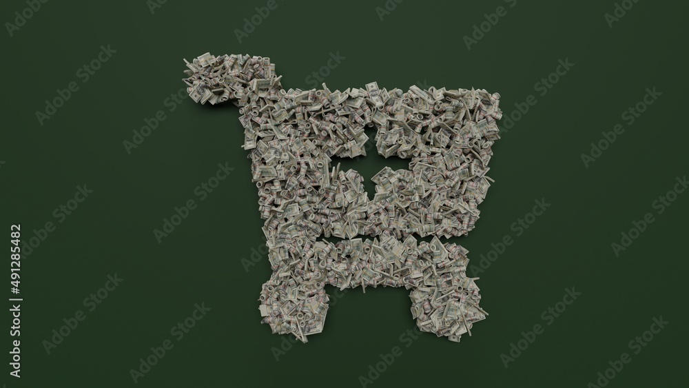 Poster 3d rendering of dollar cash rolls and stacks in shape of symbol of cart plus on green background