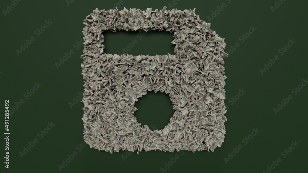 Aufkleber 3d rendering of dollar cash rolls and stacks in shape of symbol of interface on green background