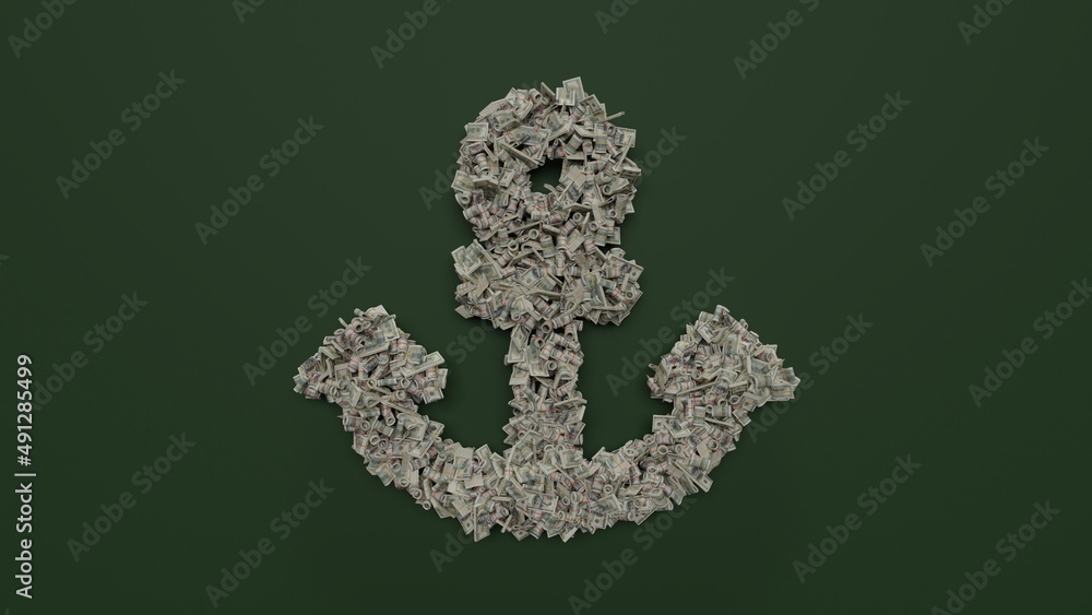Poster 3d rendering of dollar cash rolls and stacks in shape of symbol of anchor on green background