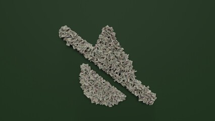 3d rendering of dollar cash rolls and stacks in shape of symbol of tint slash on green background