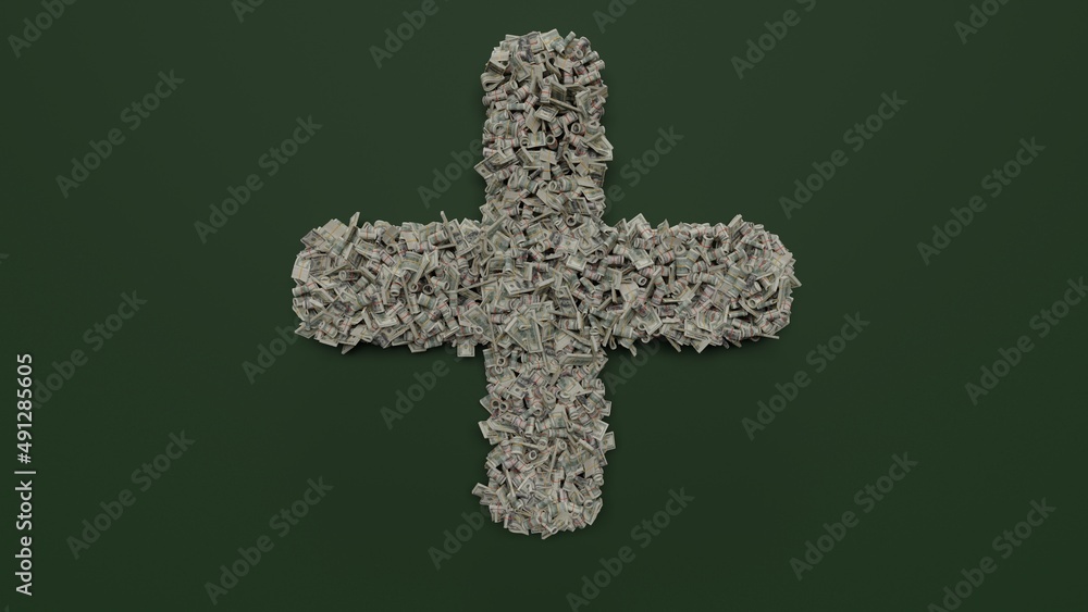 Poster 3d rendering of dollar cash rolls and stacks in shape of symbol of plus on green background