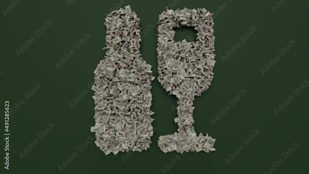 Poster 3d rendering of dollar cash rolls and stacks in shape of symbol of wine on green background