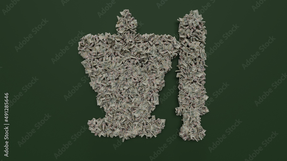 Poster 3d rendering of dollar cash rolls and stacks in shape of symbol of kebab on green background