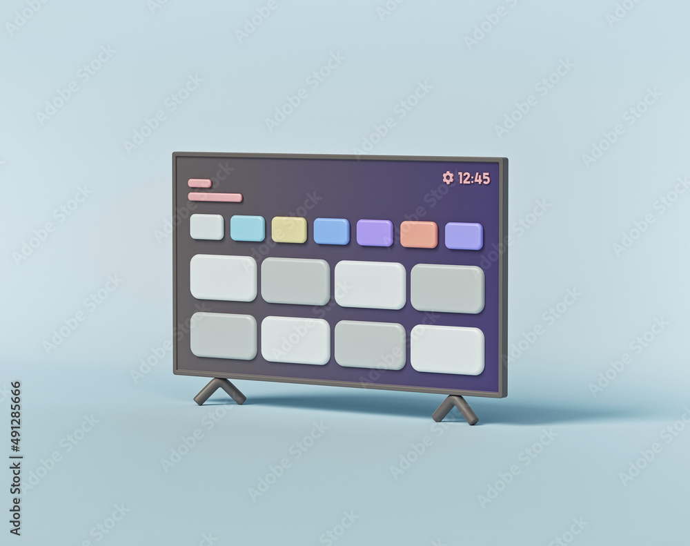 Poster 3d rendering. minimal smart tv interface isolated. video streaming service apps icons.