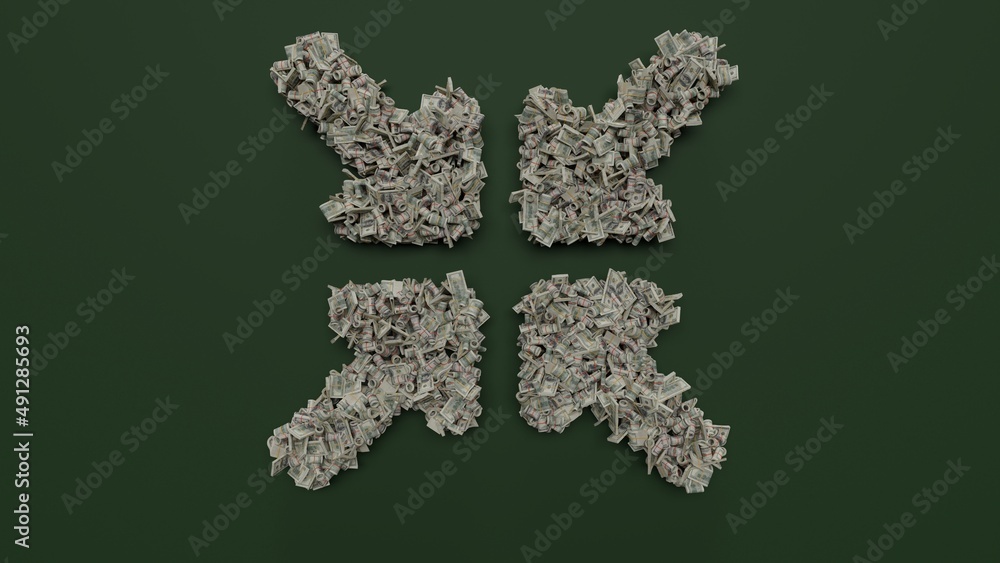 Poster 3d rendering of dollar cash rolls and stacks in shape of symbol of compress arrows on green backgrou