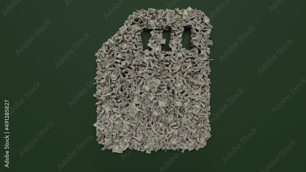 Poster 3d rendering of dollar cash rolls and stacks in shape of symbol of technology on green background