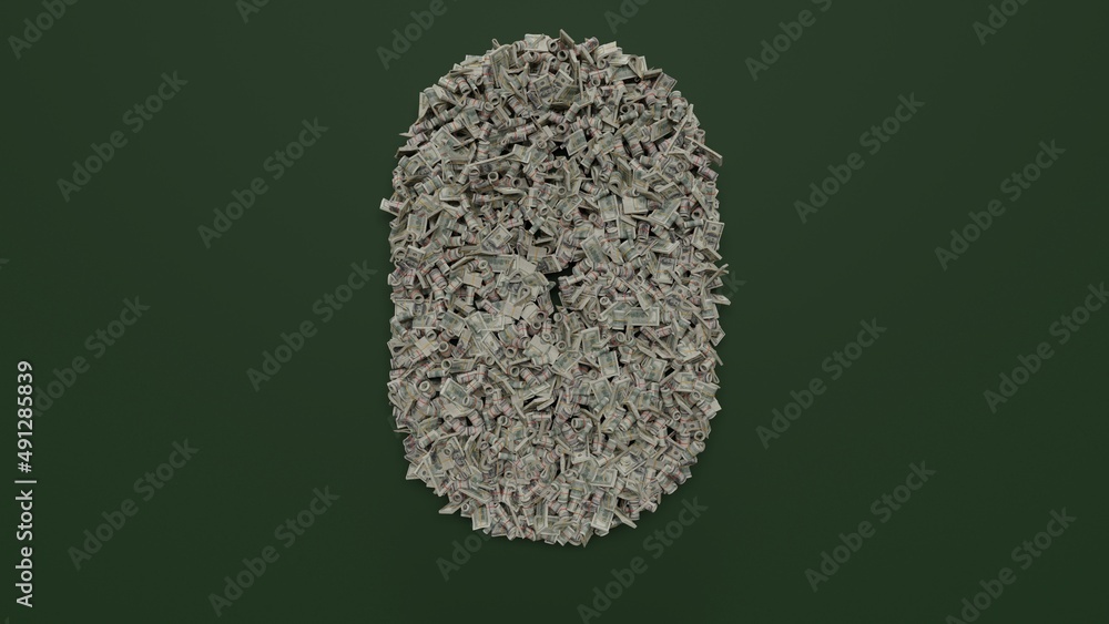 Poster 3d rendering of dollar cash rolls and stacks in shape of symbol of bluetooth on green background