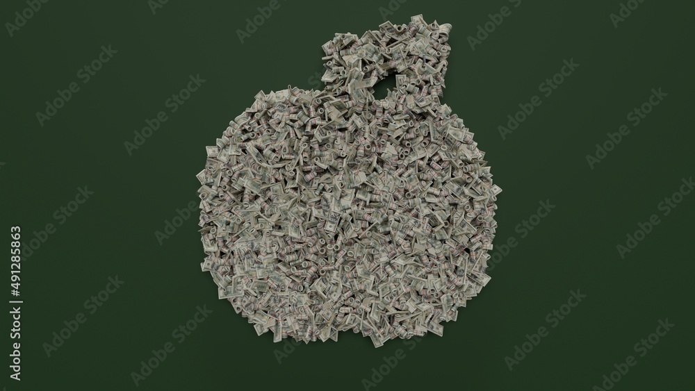 Poster 3d rendering of dollar cash rolls and stacks in shape of symbol of apple on green background