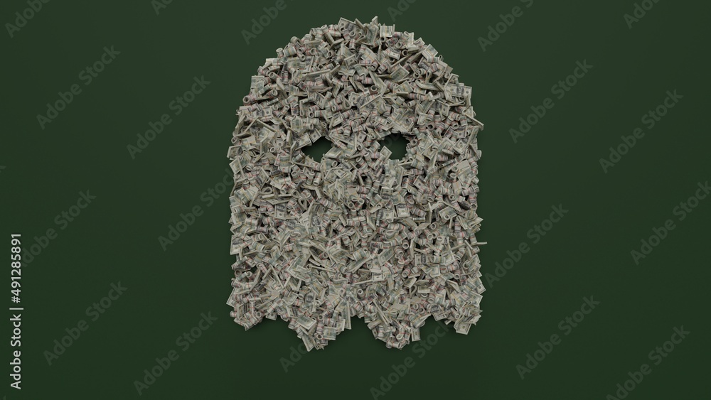 Poster 3d rendering of dollar cash rolls and stacks in shape of symbol of ghost on green background